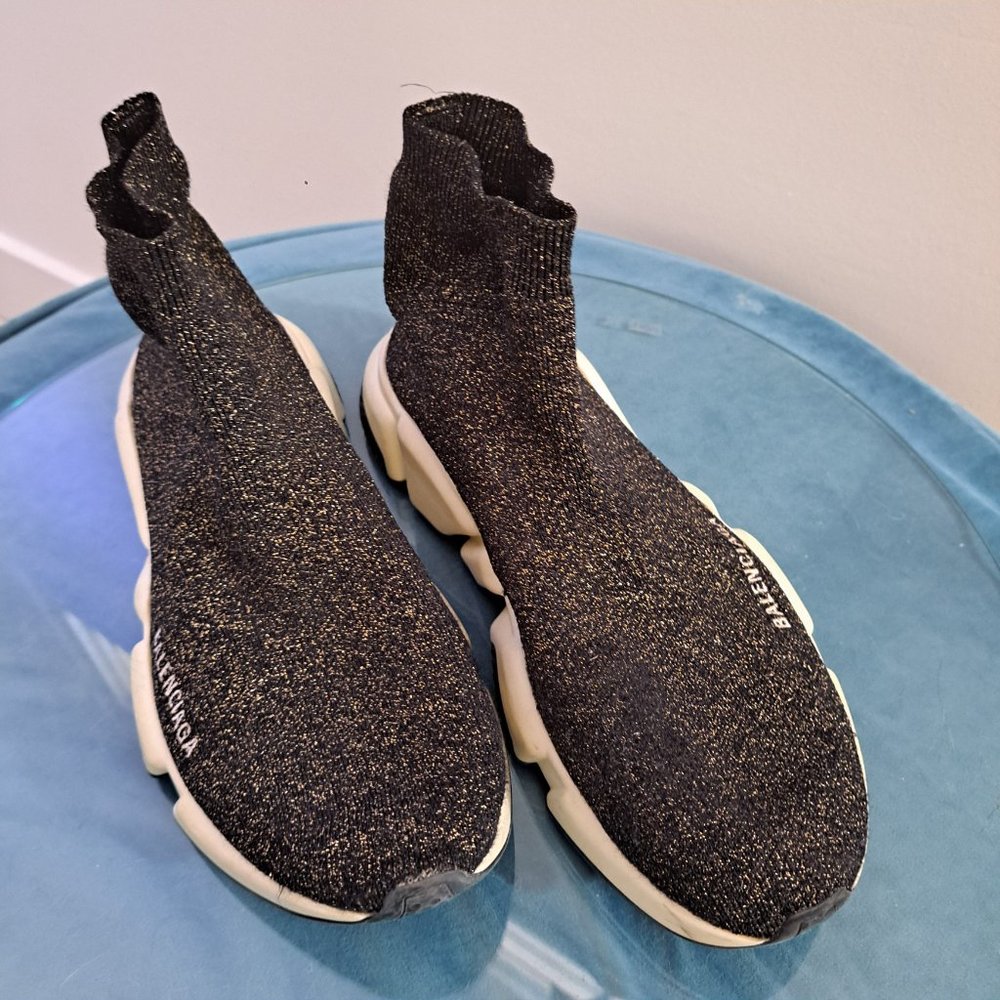 BALENCIAGA Speed Lite Sneaker Blk/Gold Metallic Knit Sneakers - Picture 3 of 8